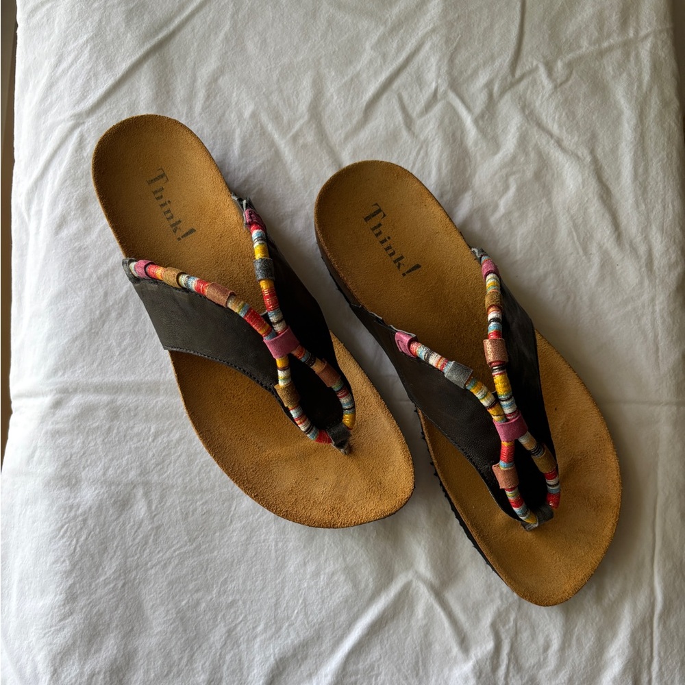 Think! Pink, Red, and Black Bohemian Sandals with Multi color Braided Straps